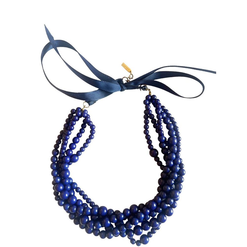 Vintage Blue Beaded Necklace Ribbon 14” Long Multistrand 5 Row Torsade